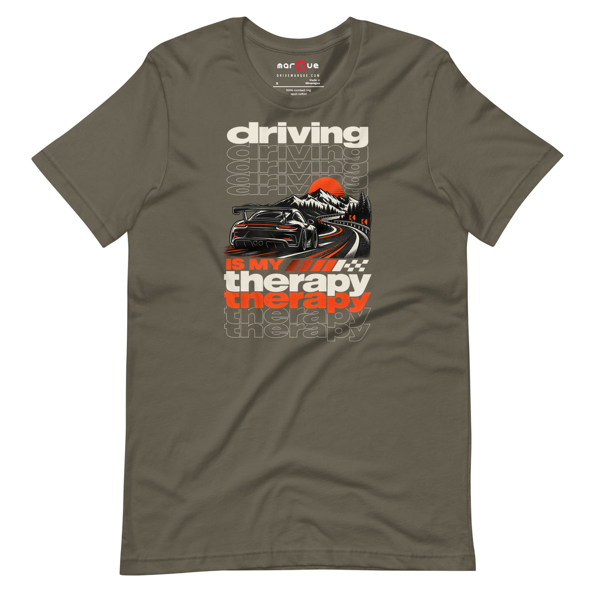 Army green driving is my therapy t-shirt — full mountain pass scene printed front and centre