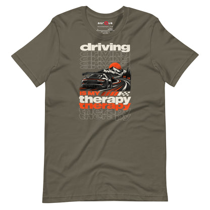 Army green driving is my therapy t-shirt — full mountain pass scene printed front and centre