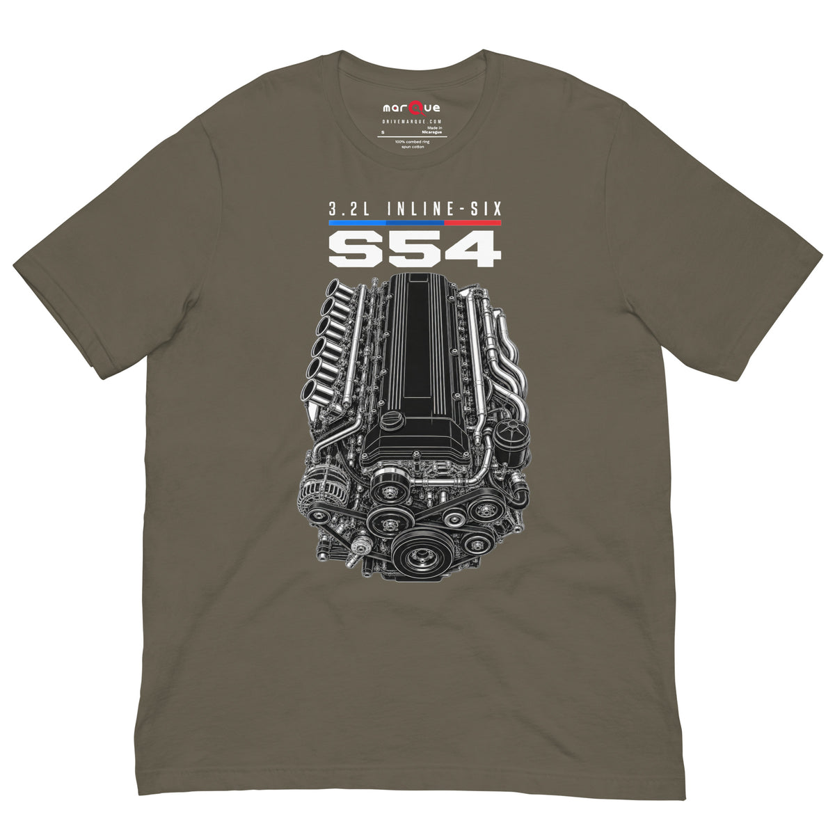 Engine Icon Tee — S54 Inline-Six, Army front view — 3.2L inline-six technical drawing, Marque automotive apparel