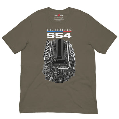 Engine Icon Tee — S54 Inline-Six, Army front view — 3.2L inline-six technical drawing, Marque automotive apparel