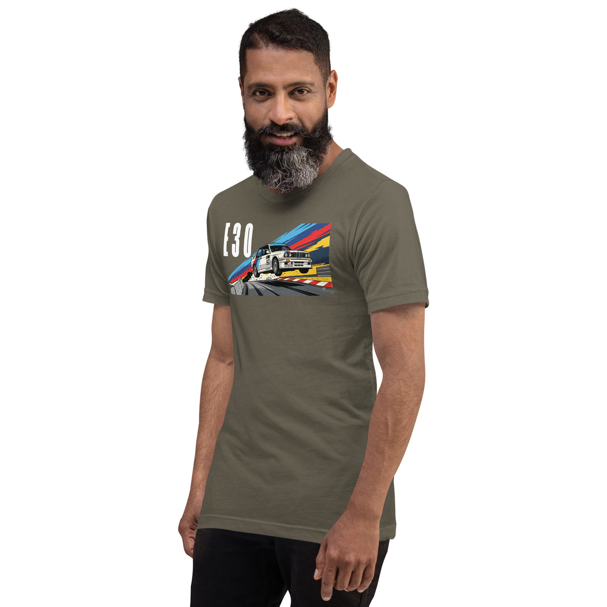 E30 Touring Car Tee — Group A Heritage graphic t-shirt, Army front view (6) — Marque automotive apparel