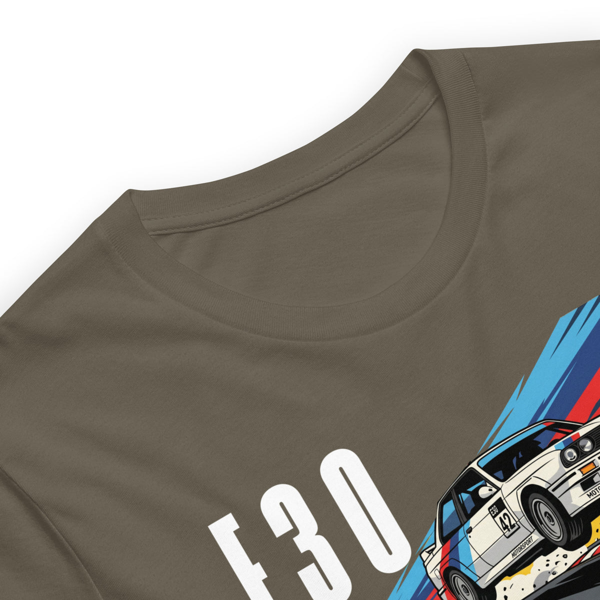 E30 Touring Car Tee — Group A Heritage graphic t-shirt, Army print detail — Marque automotive apparel