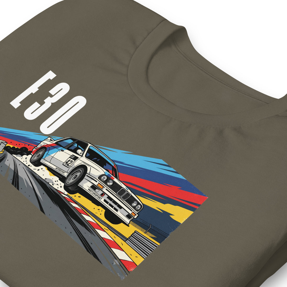 E30 Touring Car Tee — Group A Heritage graphic t-shirt, Army print detail (2) — Marque automotive apparel