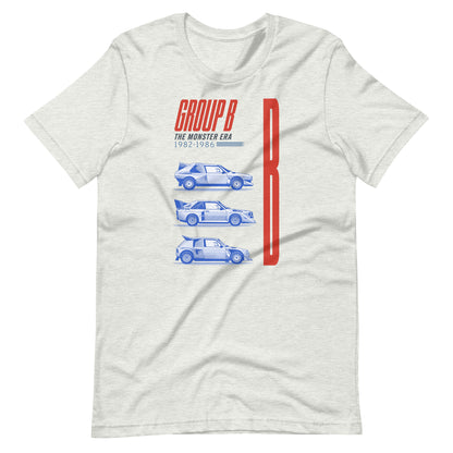 Ash grey Group B rally t-shirt laid flat, 1982-1986 dateline beneath the headline