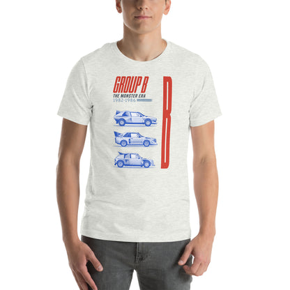 Ash Group B tee worn front-on, red B graphic running down the right of the print
