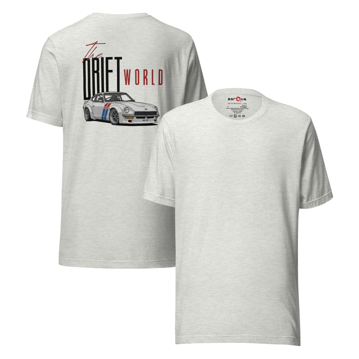 Drift World Z Tee — Rear-Drive Icon graphic t-shirt, Ash front and back — Marque automotive apparel