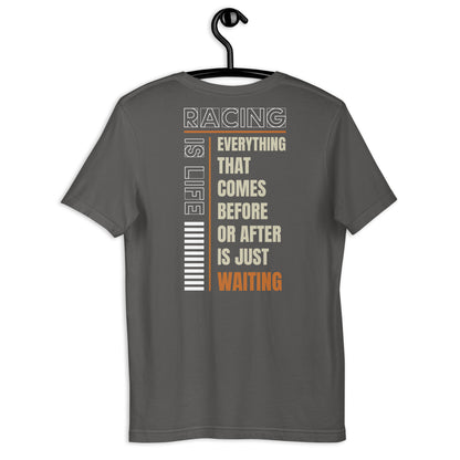 Racing Is Life Tee, Asphalt back view (3) — Marque automotive apparel