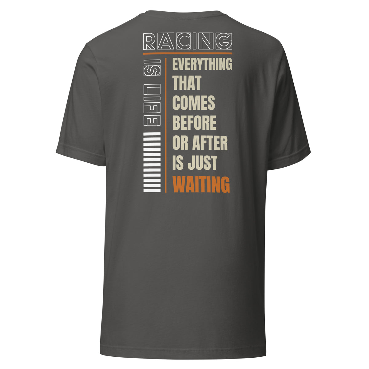 Racing Is Life Tee, Asphalt back view — Marque automotive apparel