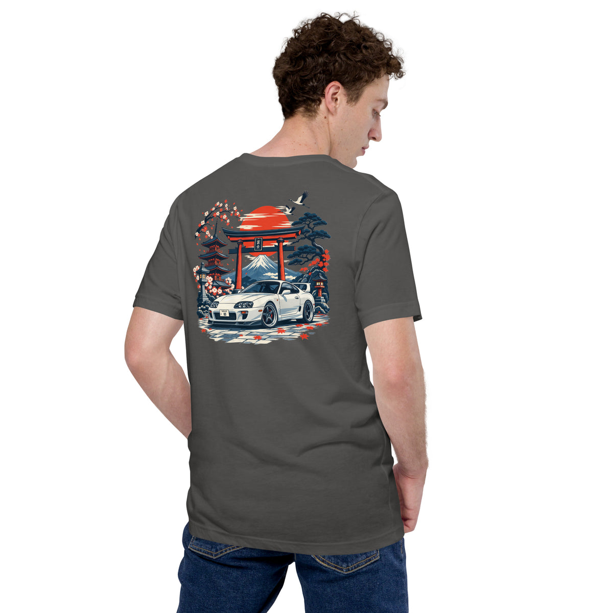 Asphalt A80 back print tee worn from behind, torii gate and rising sun centred between the shoulder blades