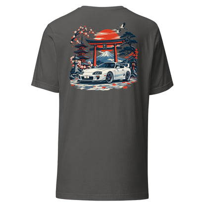 Asphalt grey A80 back print t-shirt laid flat, full-colour rising sun artwork across the back