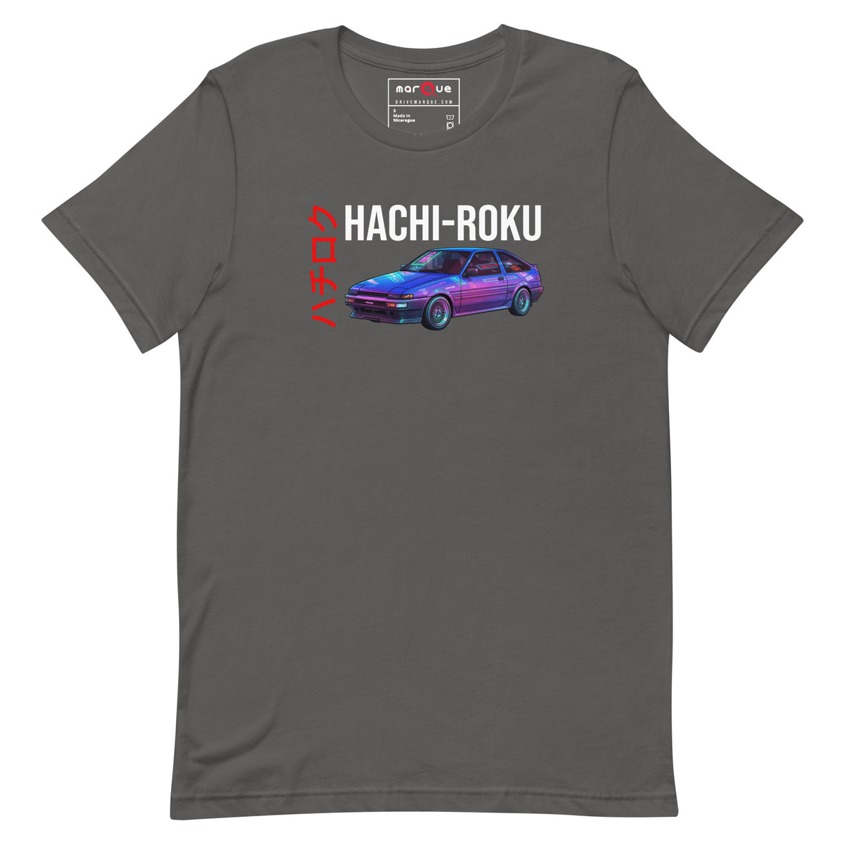 Hachi-Roku Tee — AE86 Neon graphic t-shirt, Asphalt front view — Marque automotive apparel