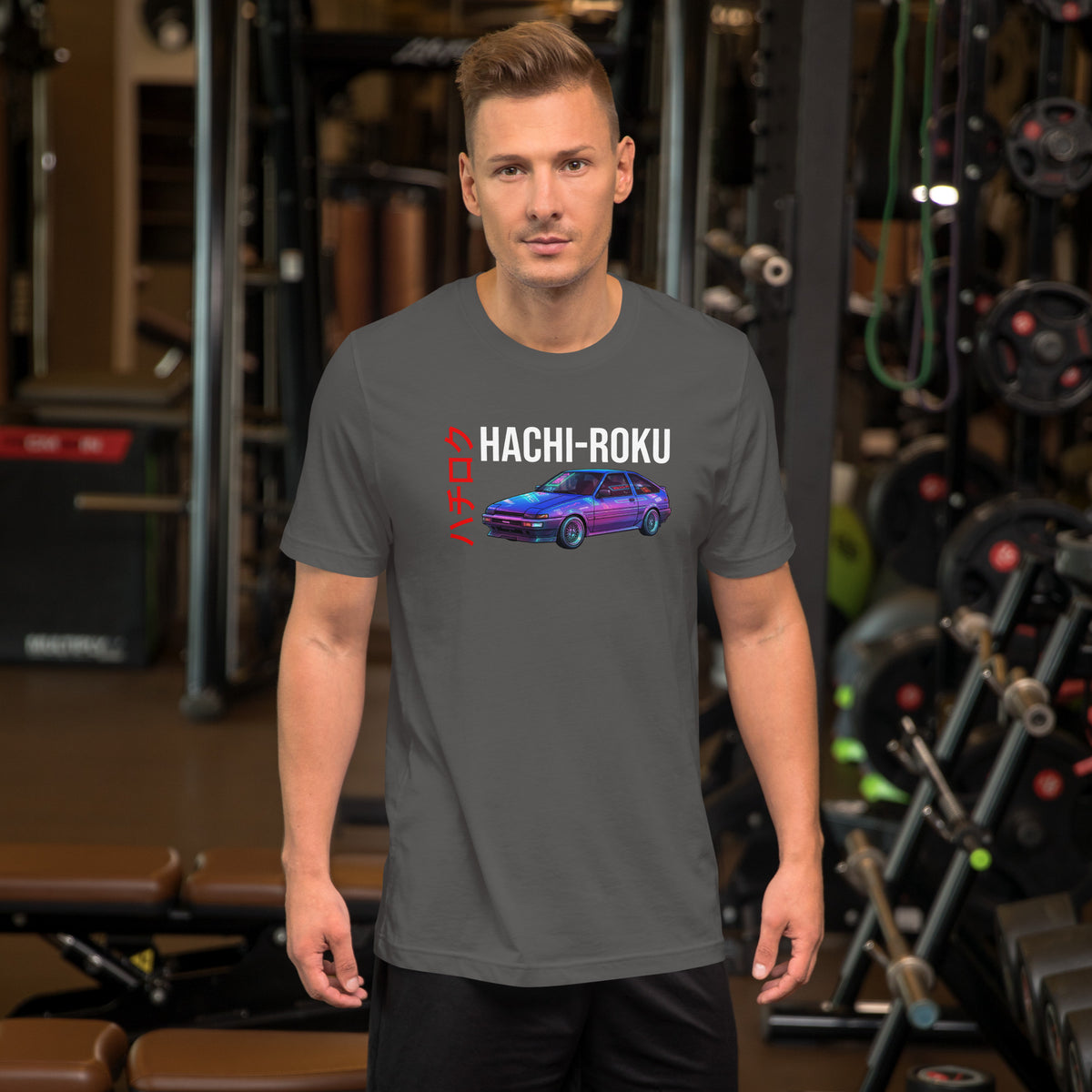 Hachi-Roku Tee — AE86 Neon graphic t-shirt, Asphalt front view (3) — Marque automotive apparel