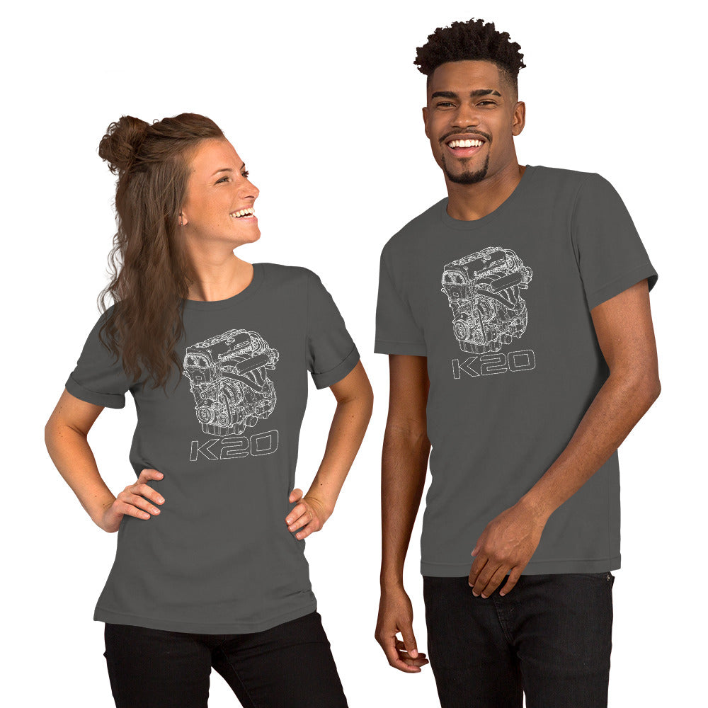 K20 Blueprint Tee — High-Rev Inline-Four graphic t-shirt, Asphalt front view (3) — Marque automotive apparel