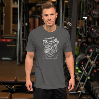 K20 Blueprint Tee — High-Rev Inline-Four graphic t-shirt, Asphalt front view (2) — Marque automotive apparel