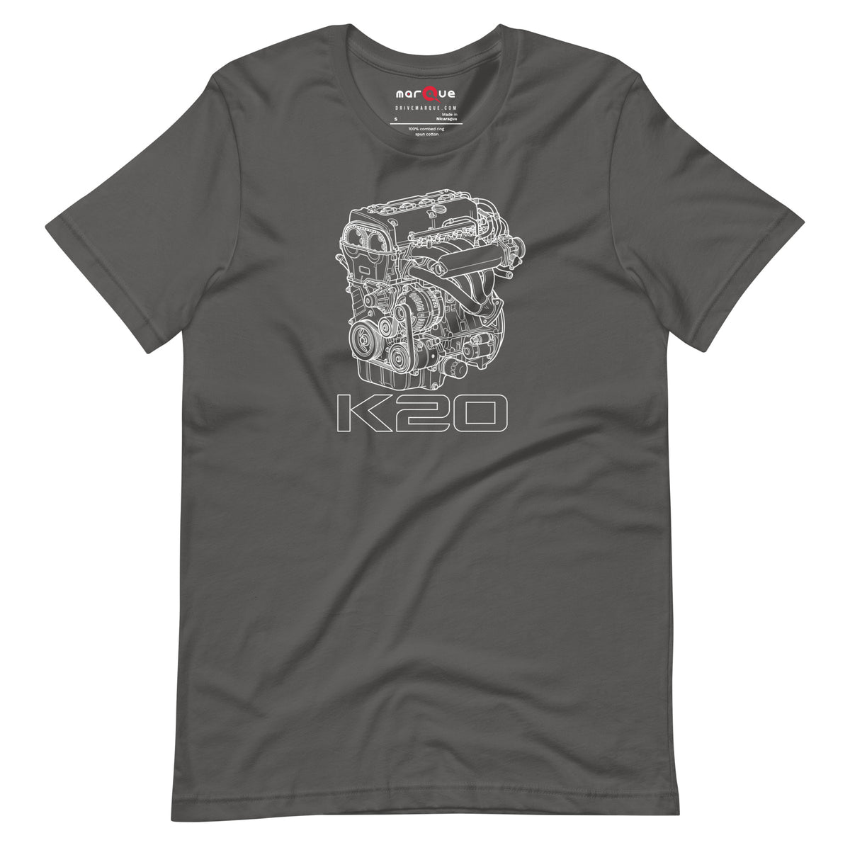 K20 Blueprint Tee — High-Rev Inline-Four graphic t-shirt, Asphalt front view — Marque automotive apparel