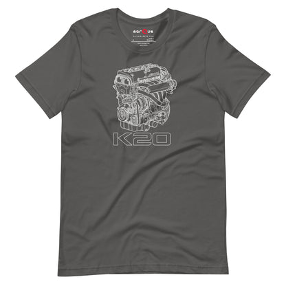 K20 Blueprint Tee — High-Rev Inline-Four graphic t-shirt, Asphalt front view — Marque automotive apparel