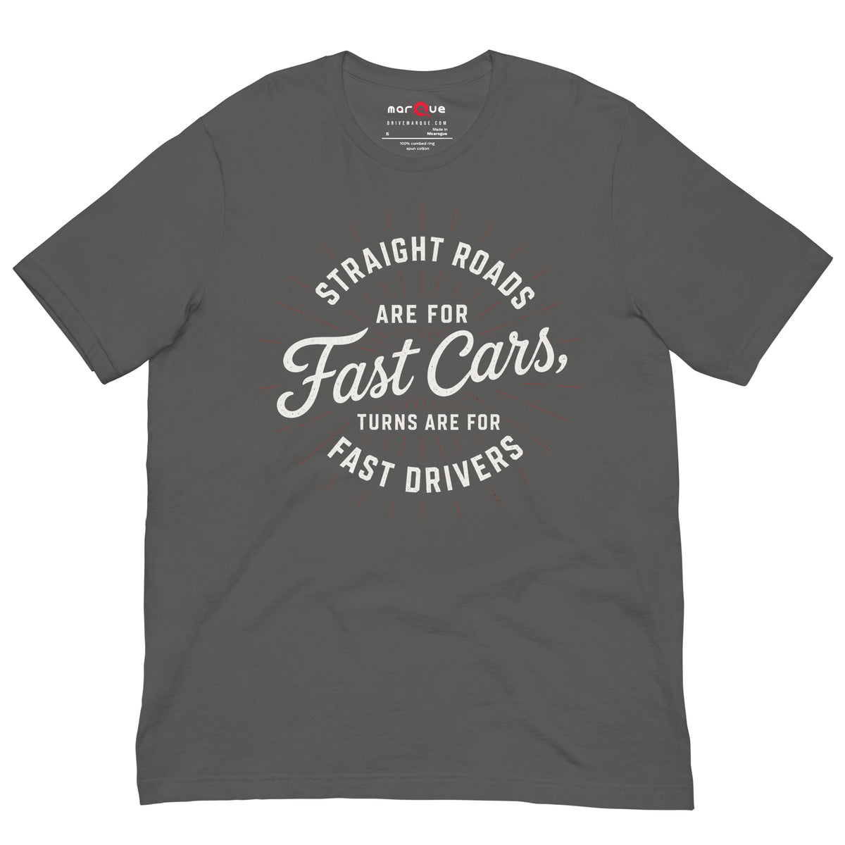 Fast Cars Fast Drivers Tee, Asphalt front view — Marque automotive apparel