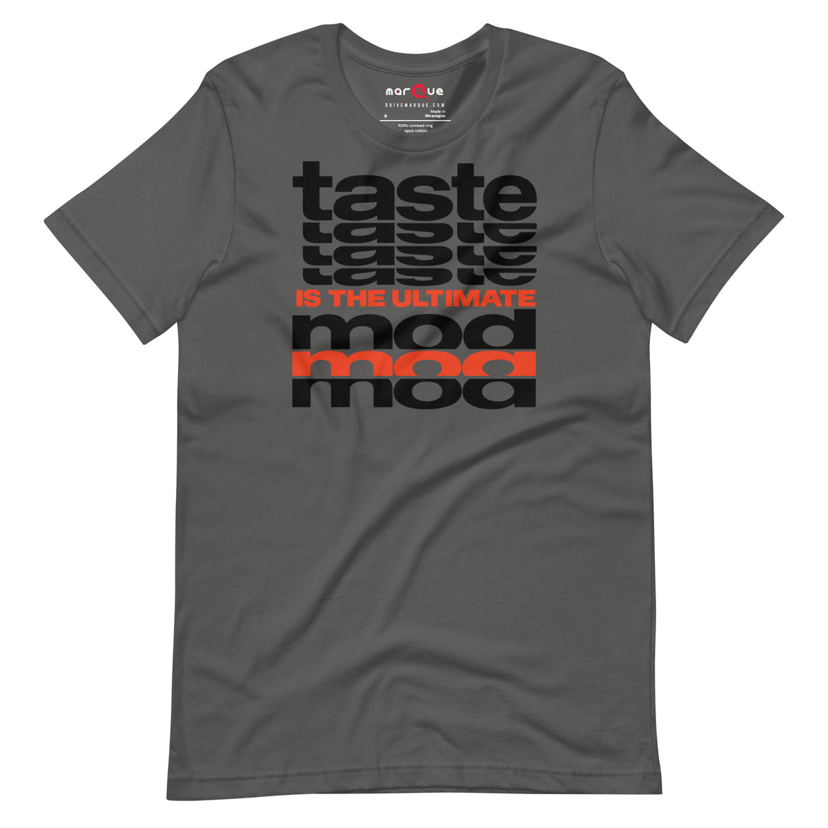 Taste Is The Ultimate Mod Tee, Asphalt front view — Marque automotive apparel