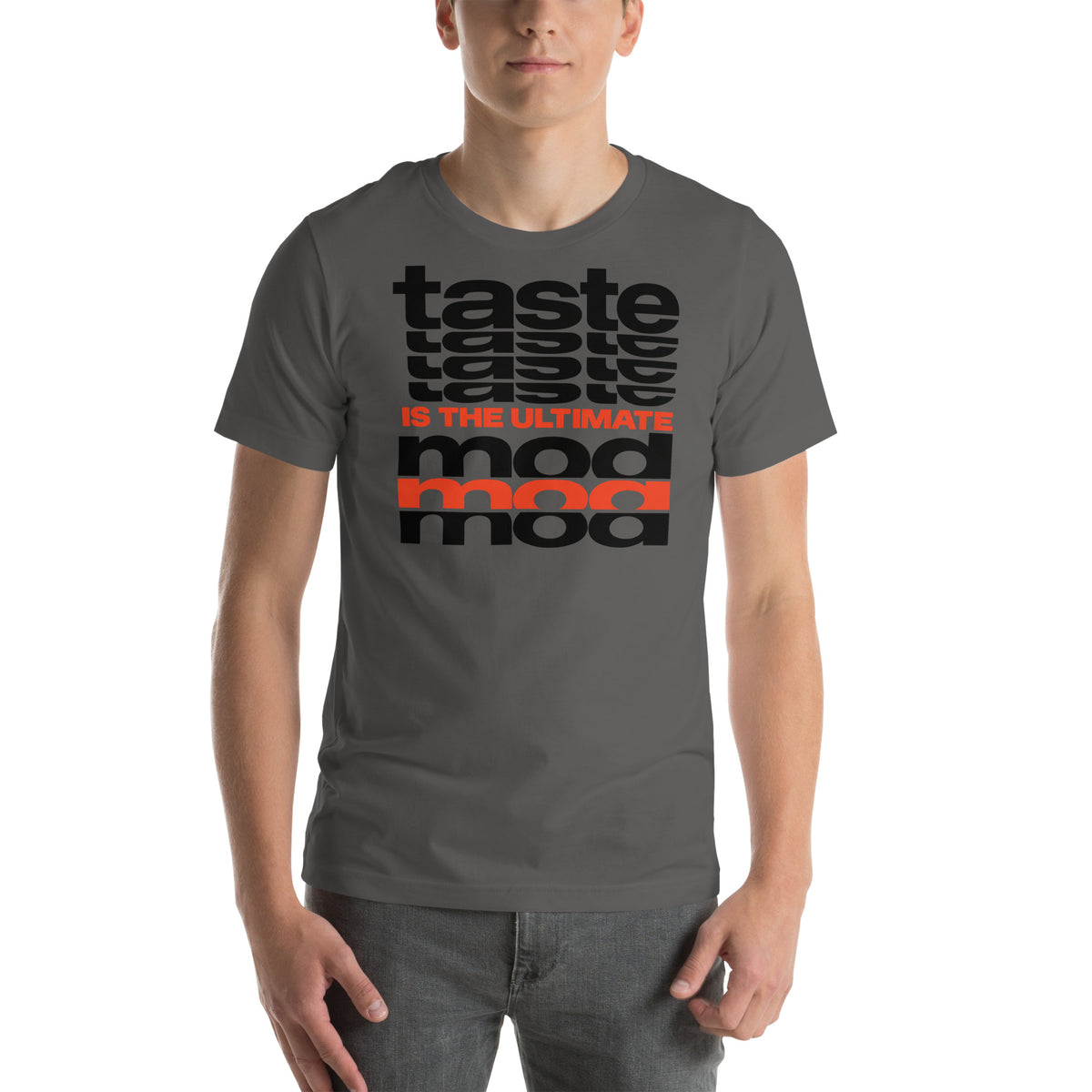 Taste Is The Ultimate Mod Tee, Asphalt front view (2) — Marque automotive apparel