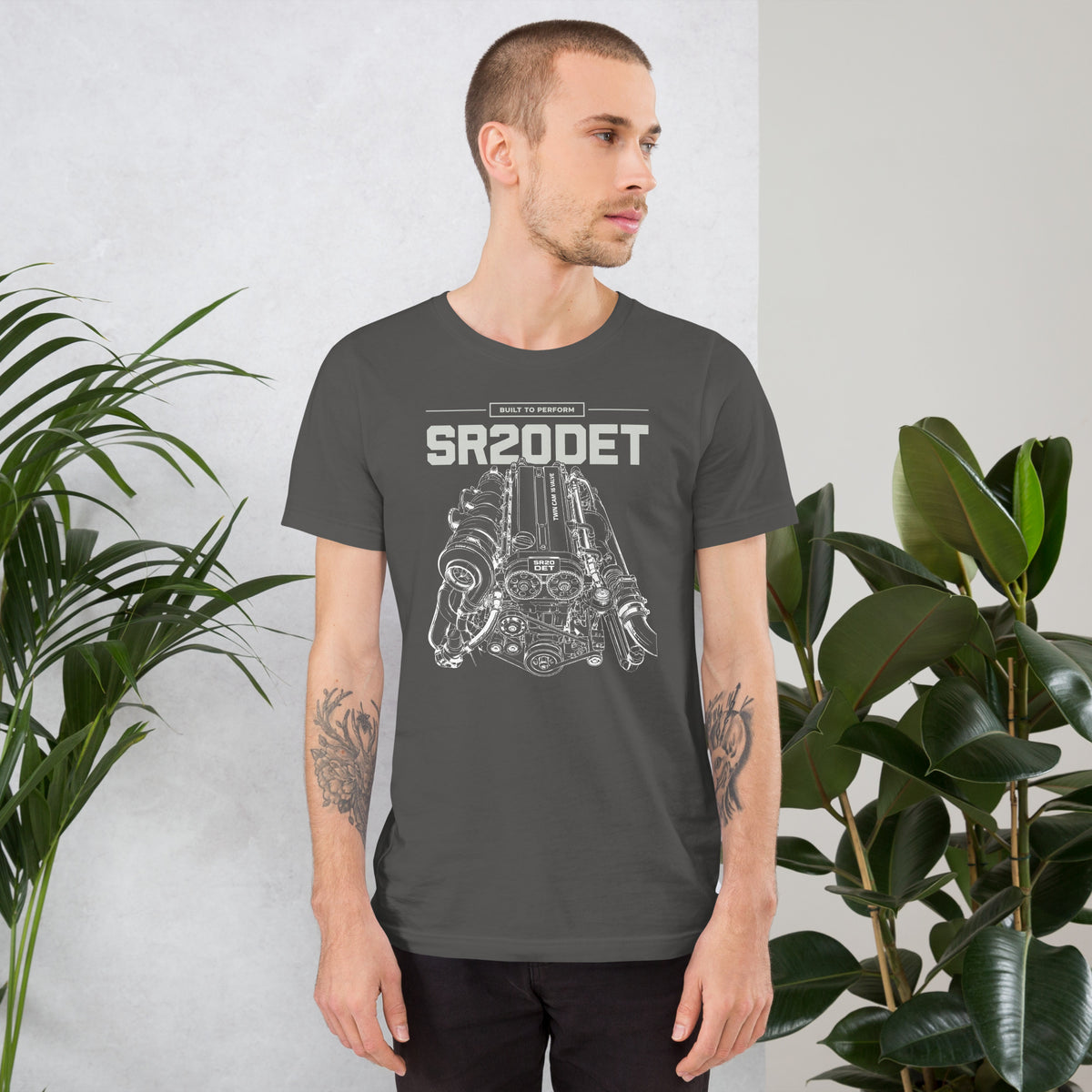 SR20DET Tee, Asphalt front view — twin-cam turbo engine line art, Marque automotive apparel