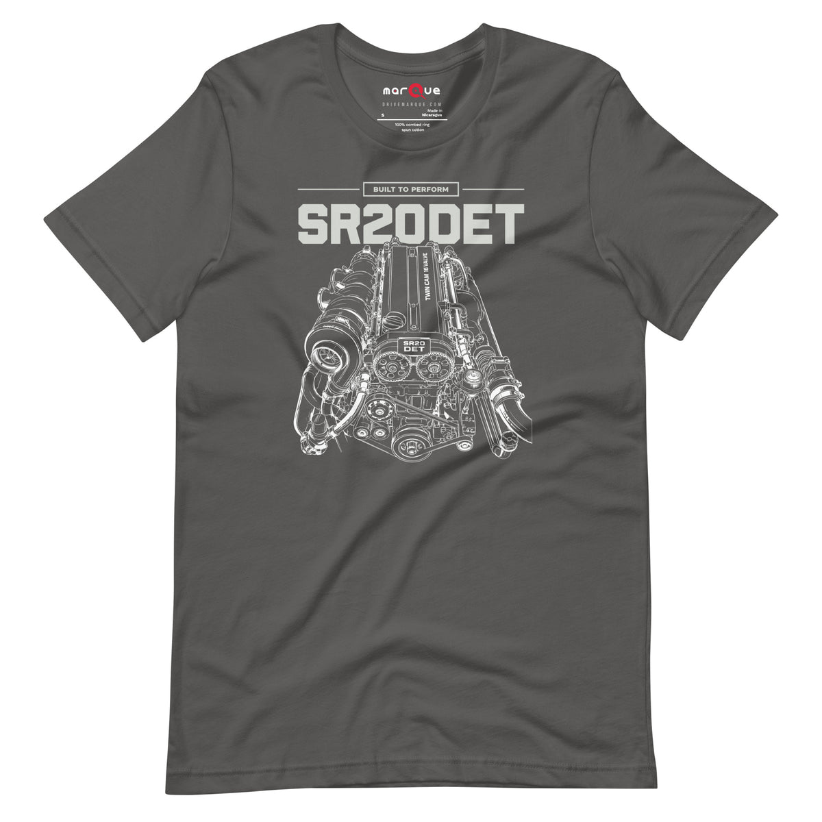 SR20DET Tee, Asphalt flat lay — twin-cam turbo engine line art, Marque automotive apparel