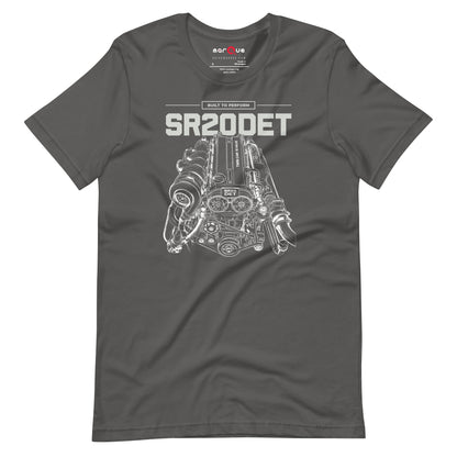 SR20DET Tee, Asphalt flat lay — twin-cam turbo engine line art, Marque automotive apparel