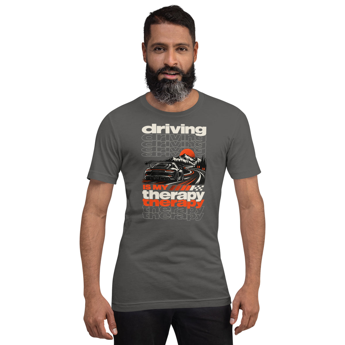 Asphalt grey driving is my therapy tee worn front-on