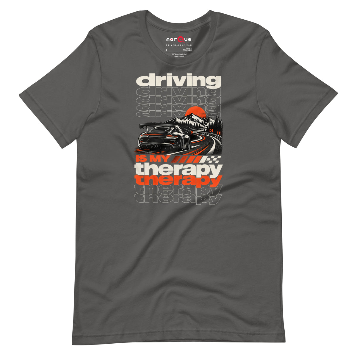 Asphalt grey driving is my therapy t-shirt — orange and cream print on dark cloth