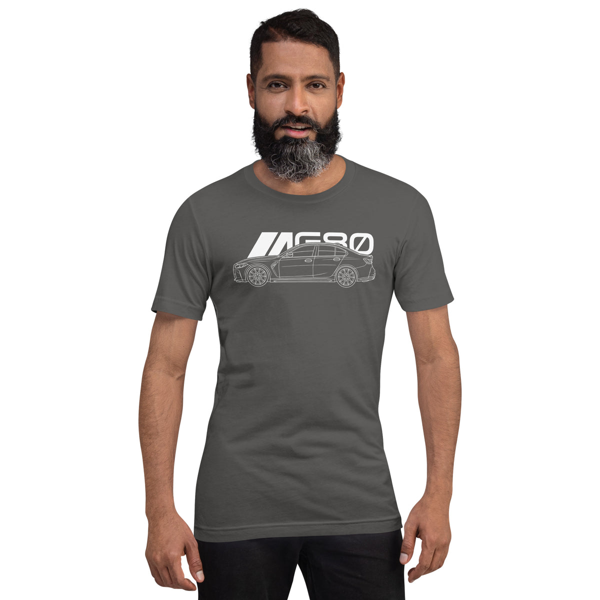 Super Sedan G80 t-shirt, Asphalt front view (2) — Marque automotive apparel