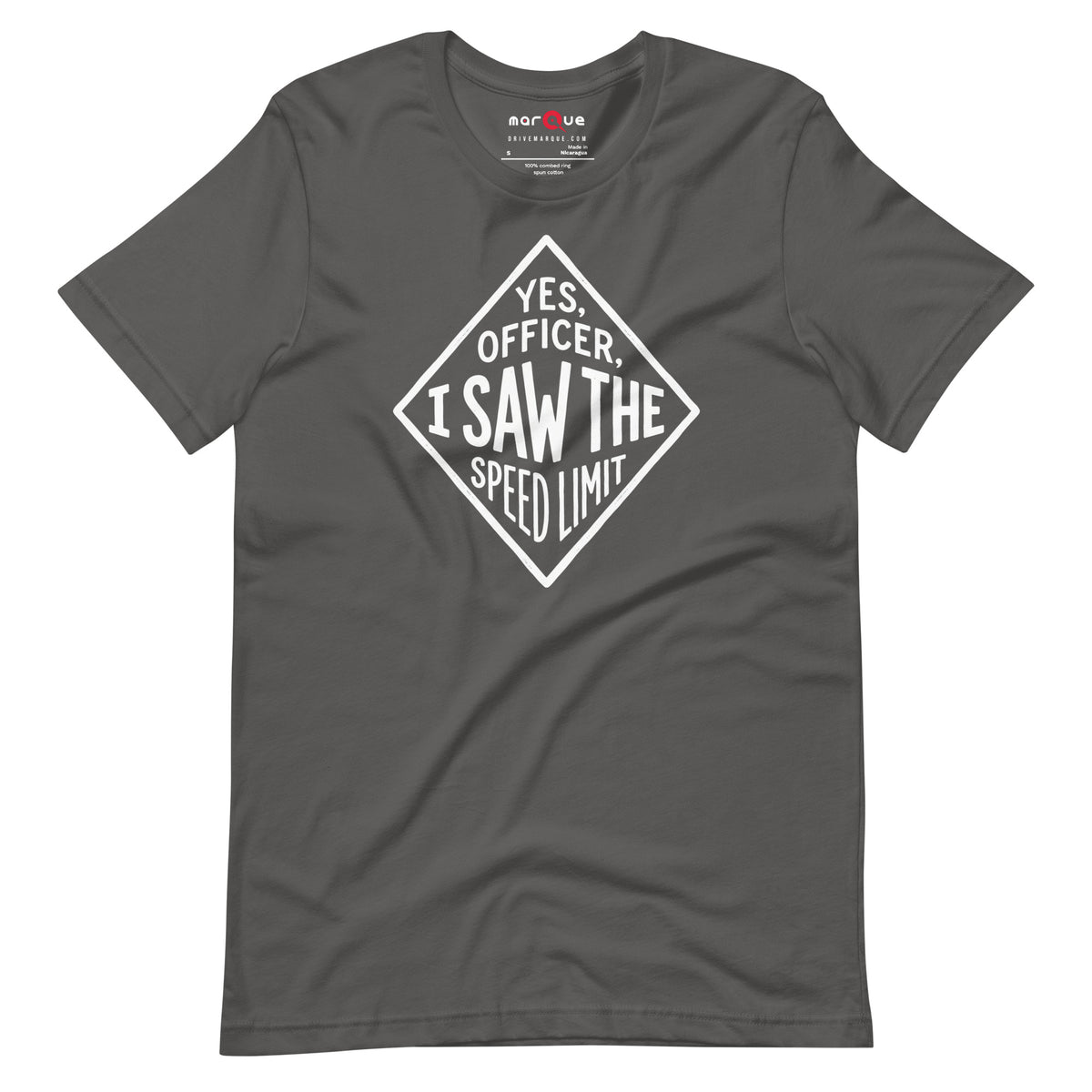 Yes Officer t-shirt in Asphalt — hand-lettered speed limit road sign — Marque automotive apparel