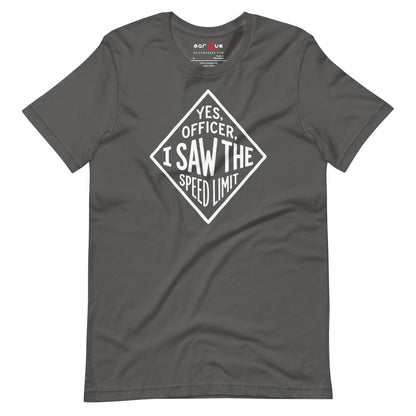 Yes Officer t-shirt in Asphalt — hand-lettered speed limit road sign — Marque automotive apparel