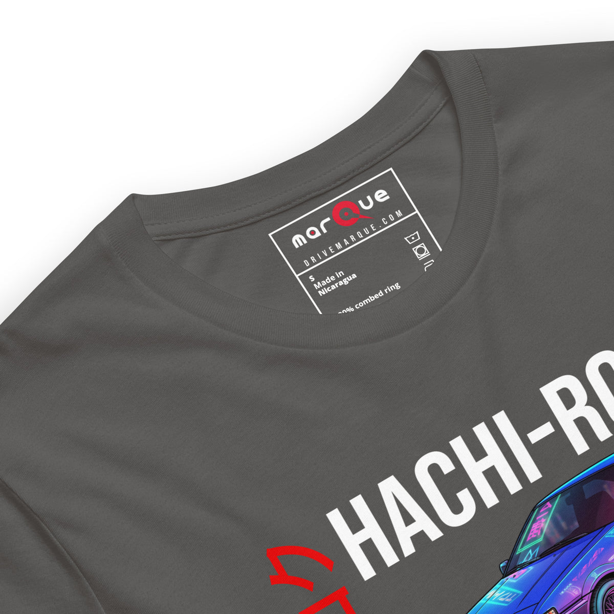 Hachi-Roku Tee — AE86 Neon graphic t-shirt, Asphalt print detail — Marque automotive apparel