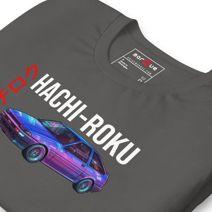 Hachi-Roku Tee — AE86 Neon graphic t-shirt, Asphalt print detail (2) — Marque automotive apparel