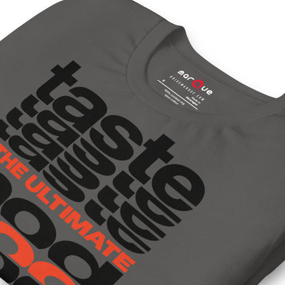 Taste Is The Ultimate Mod Tee, Asphalt print detail — Marque automotive apparel