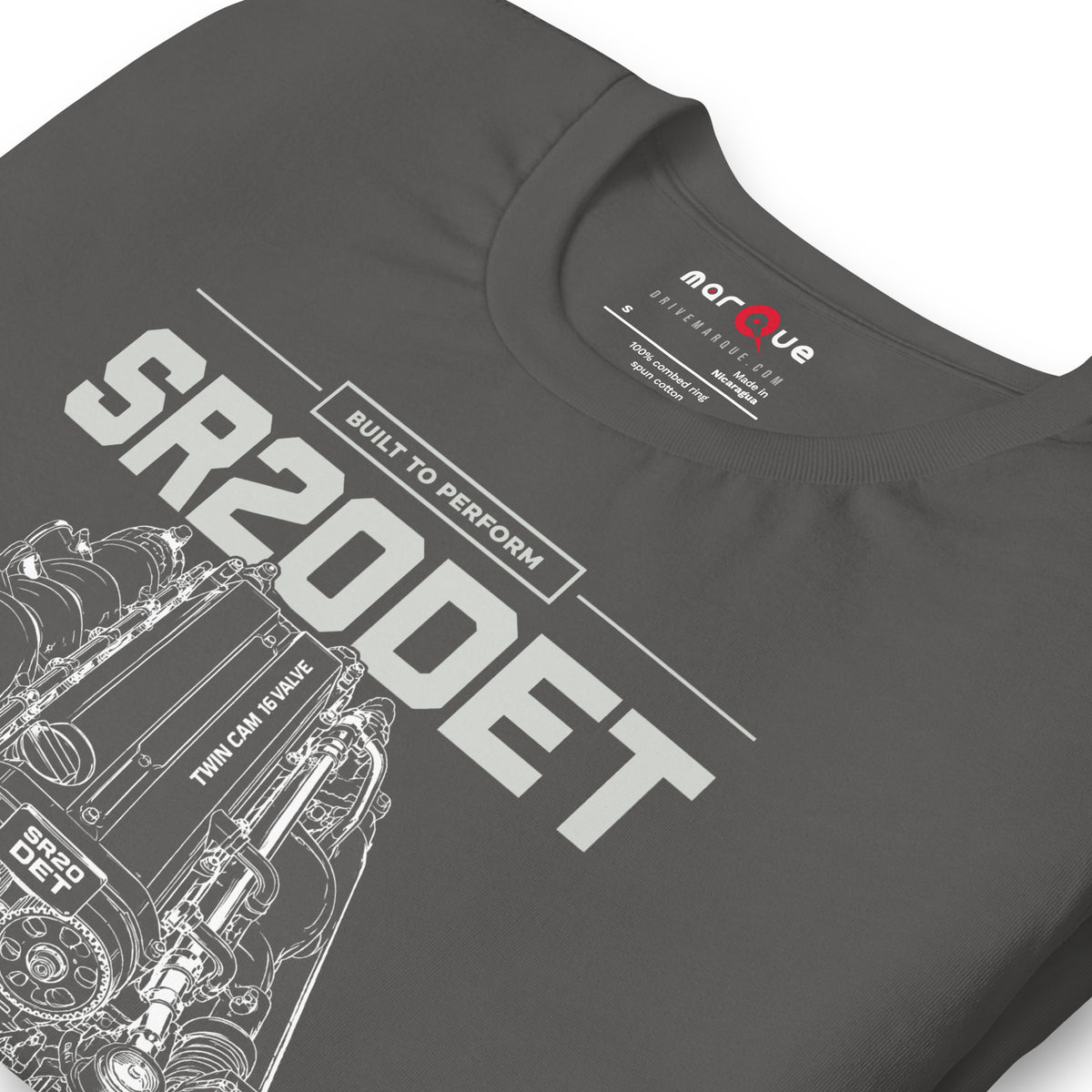 SR20DET Tee, Asphalt print detail — twin-cam turbo engine line art, Marque automotive apparel