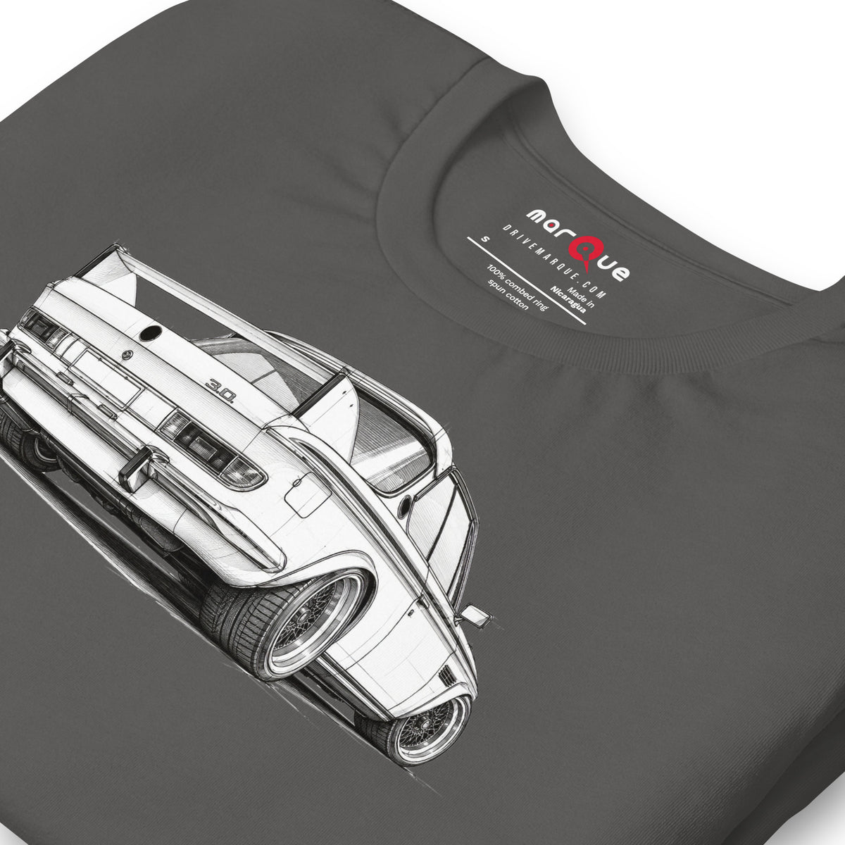 Design Icon Tee, Asphalt print detail — Marque automotive apparel