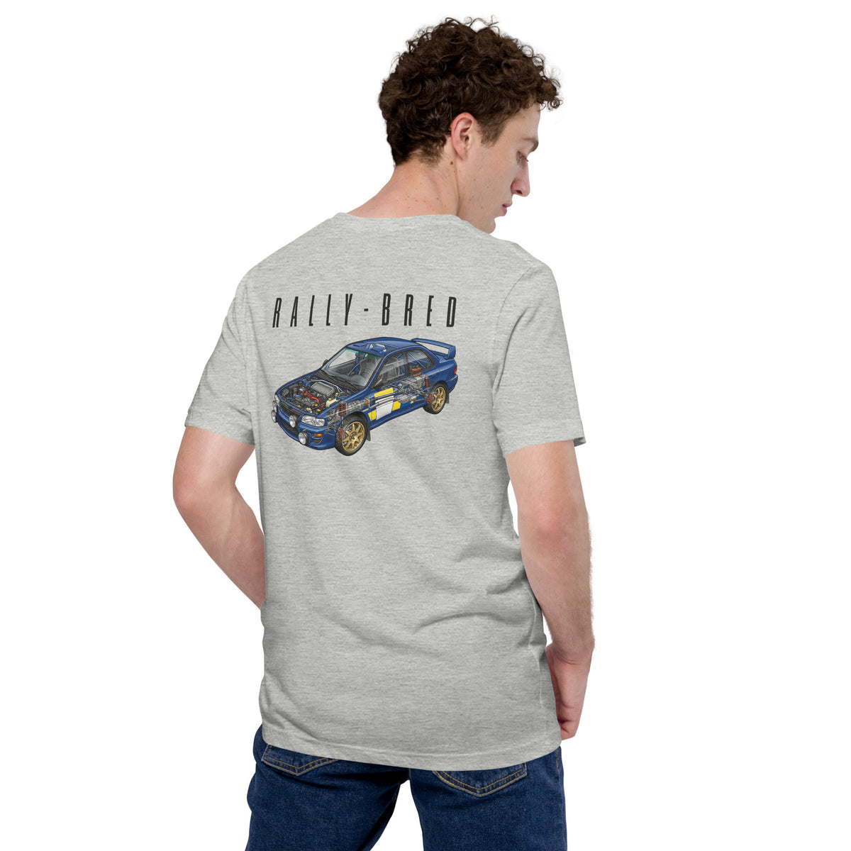 Rally-Bred Tee, Athletic Heather — worn back view showing the rally cutaway print, Marque automotive apparel