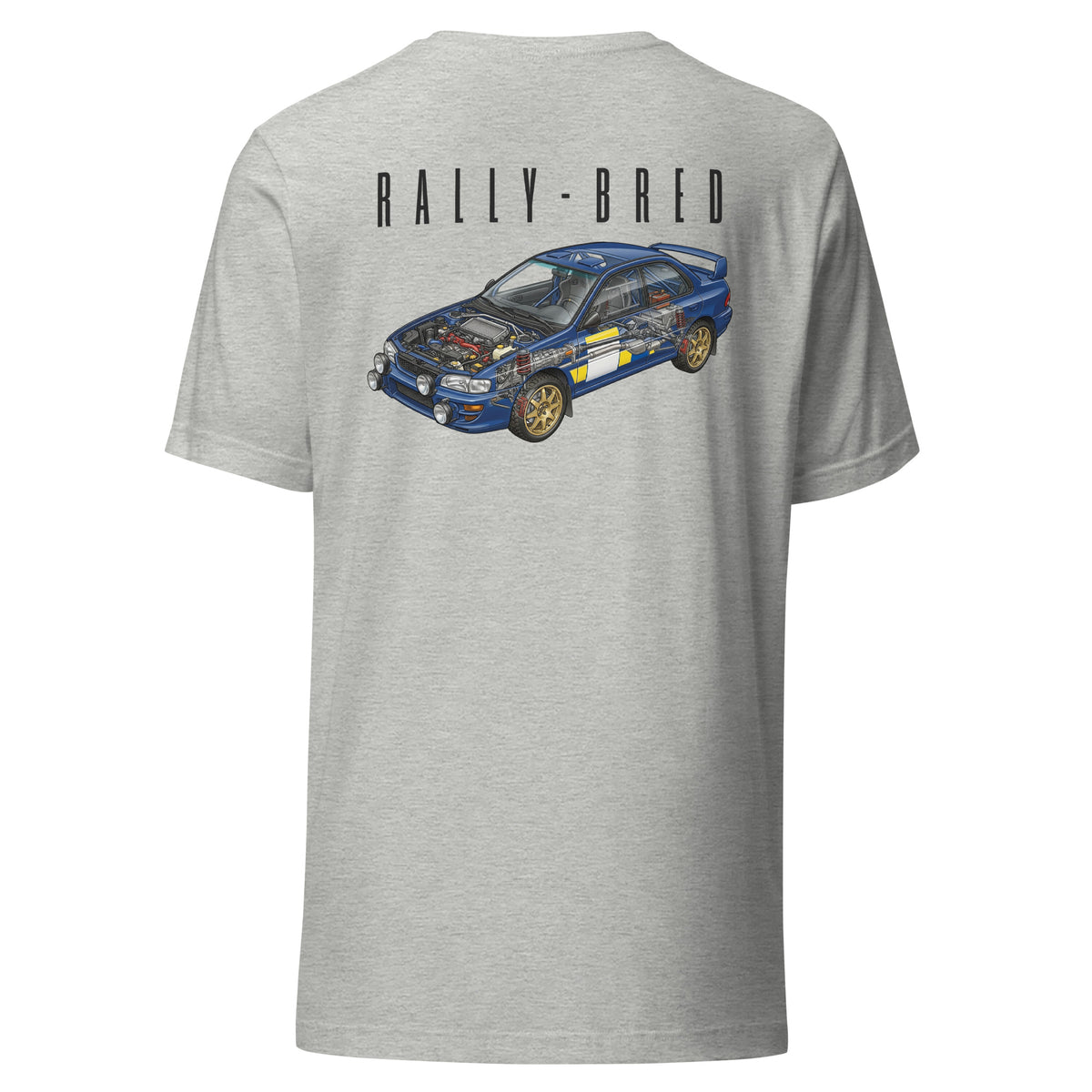 Rally-Bred Tee, Athletic Heather back view — 90s rally car cutaway back print, Marque automotive apparel