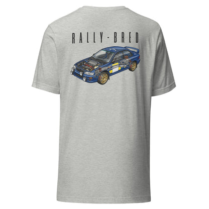 Rally-Bred Tee, Athletic Heather back view — 90s rally car cutaway back print, Marque automotive apparel