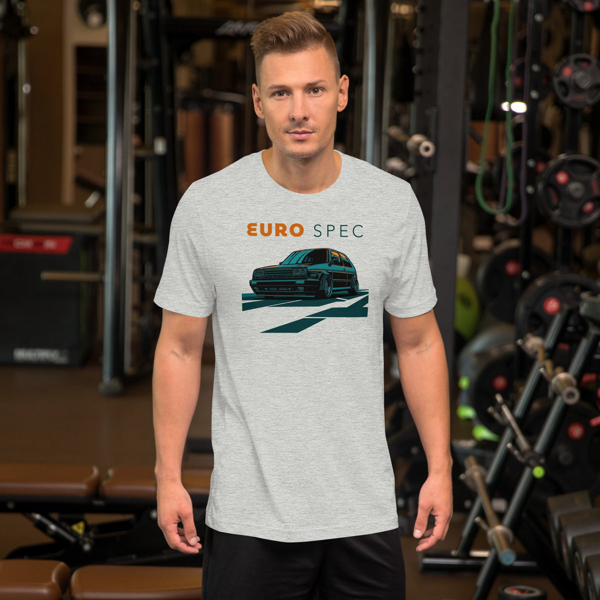 Euro Spec Tee — Mk2 Hot Hatch graphic t-shirt, Athletic Heather front view (3) — Marque automotive apparel