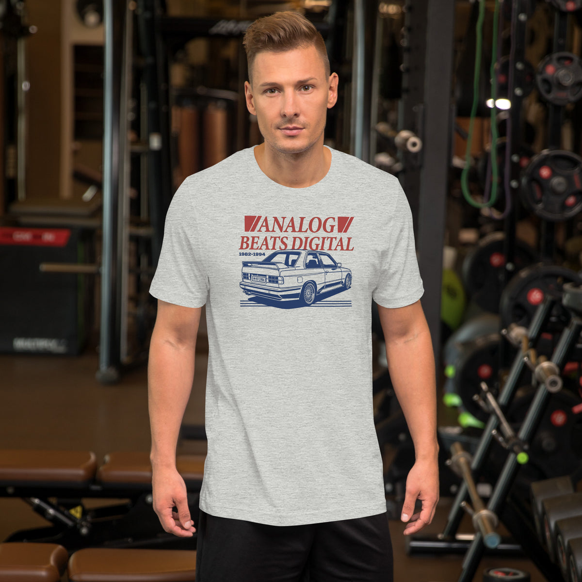 Analog Beats Digital tee, Athletic Heather front view — Marque automotive apparel (2)
