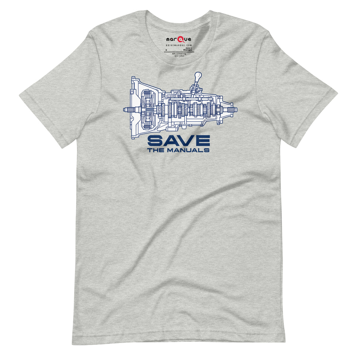 Manual Blueprint Tee, Athletic Heather flat lay — gearbox cutaway print, Marque automotive apparel