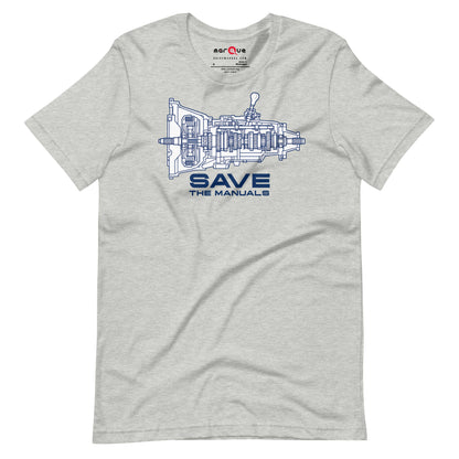 Manual Blueprint Tee, Athletic Heather flat lay — gearbox cutaway print, Marque automotive apparel