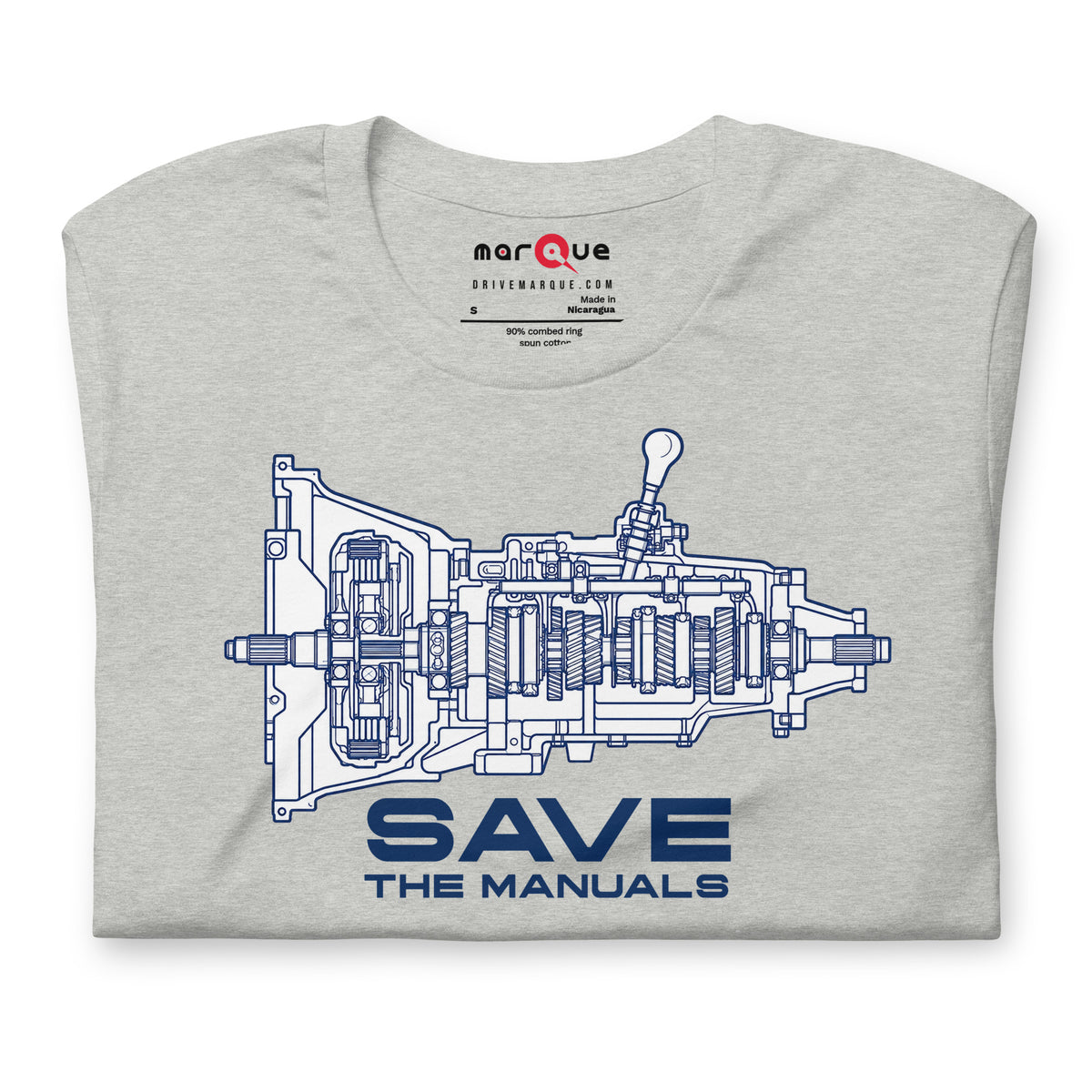 Manual Blueprint Tee, Athletic Heather print detail — gearbox cutaway print, Marque automotive apparel