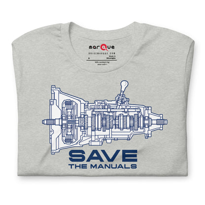 Manual Blueprint Tee, Athletic Heather print detail — gearbox cutaway print, Marque automotive apparel
