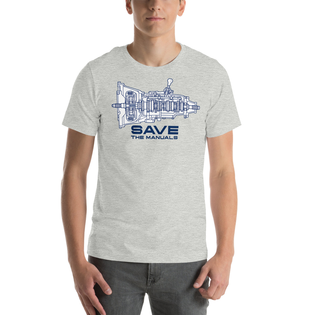Manual Blueprint Tee, Athletic Heather front view — gearbox cutaway print, Marque automotive apparel