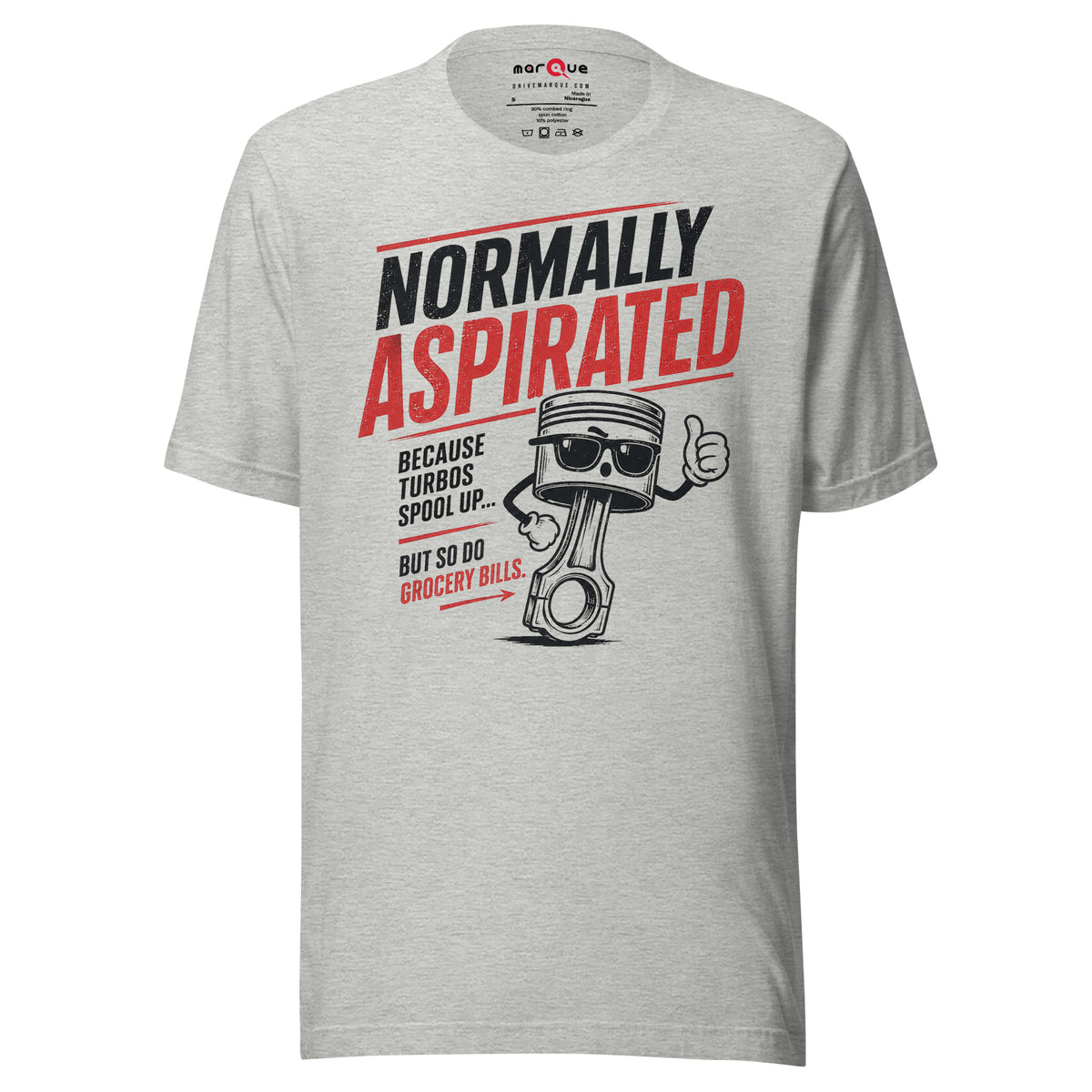 Athletic Heather normally aspirated t-shirt — distressed NORMALLY ASPIRATED lettering above a cartoon piston in sunglasses