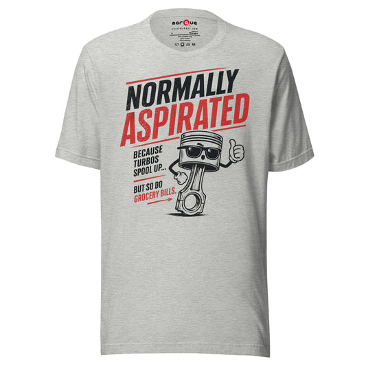 Athletic Heather normally aspirated t-shirt — distressed NORMALLY ASPIRATED lettering above a cartoon piston in sunglasses