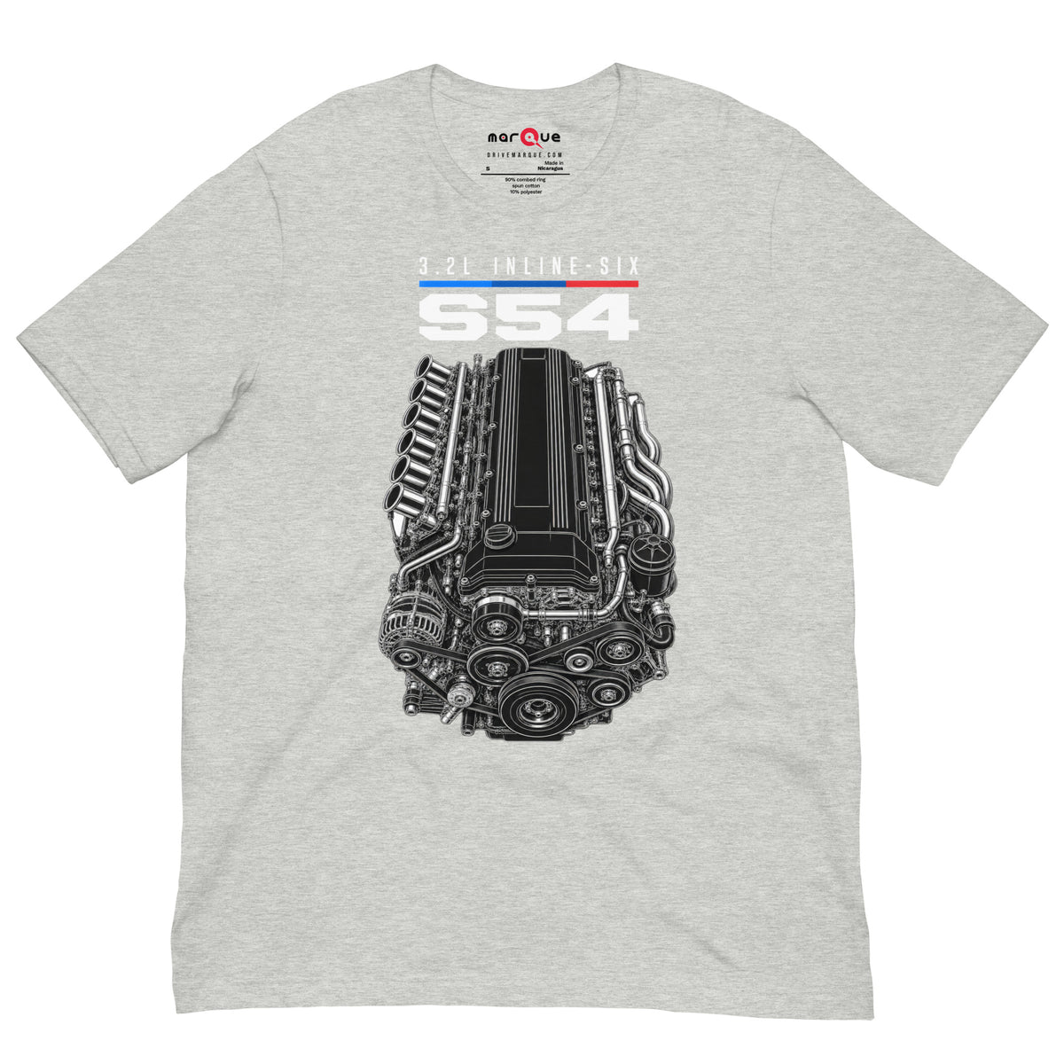 Engine Icon Tee — S54 Inline-Six, Athletic Heather front view — 3.2L inline-six technical drawing, Marque automotive apparel