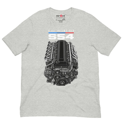 Engine Icon Tee — S54 Inline-Six, Athletic Heather front view — 3.2L inline-six technical drawing, Marque automotive apparel